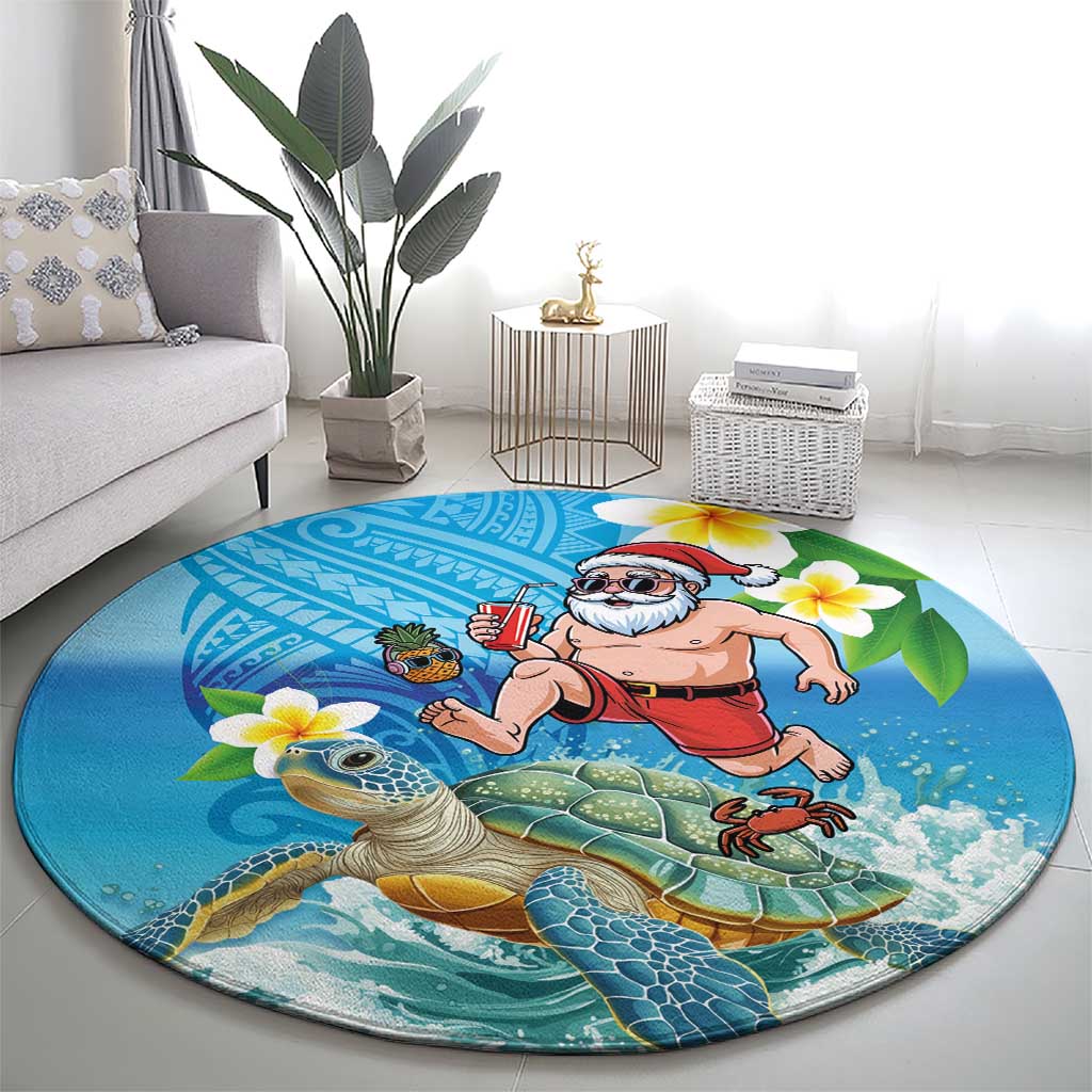 Polynesian Merry Christmas Round Carpet Funny Santa with Sea Turtle Beach Plumeria - Polynesian Pride