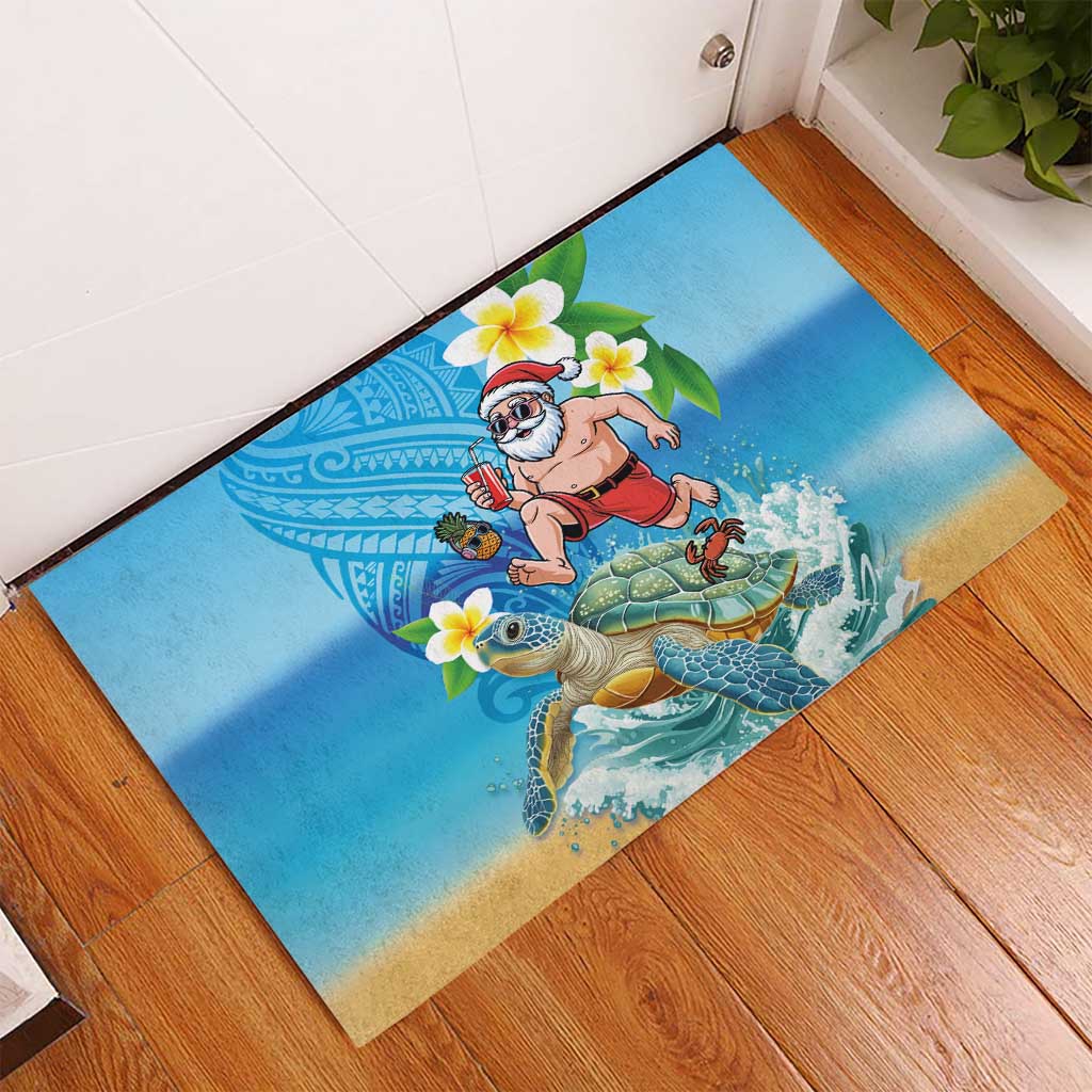 Polynesian Merry Christmas Rubber Doormat Funny Santa with Sea Turtle Beach Plumeria - Polynesian Pride