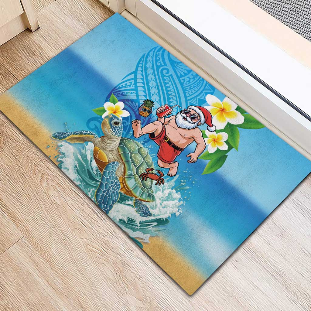 Polynesian Merry Christmas Rubber Doormat Funny Santa with Sea Turtle Beach Plumeria - Polynesian Pride