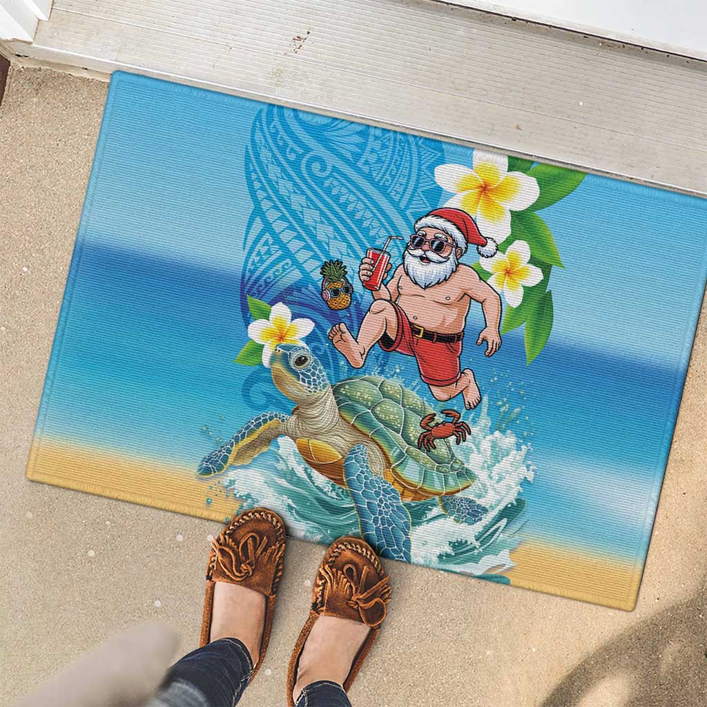 Polynesian Merry Christmas Rubber Doormat Funny Santa with Sea Turtle Beach Plumeria - Polynesian Pride