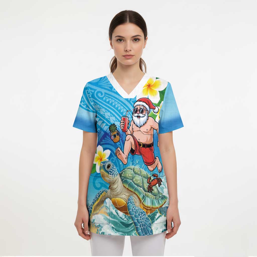 Polynesian Merry Christmas Scrub Top Funny Santa with Sea Turtle Beach Plumeria - Polynesian Pride