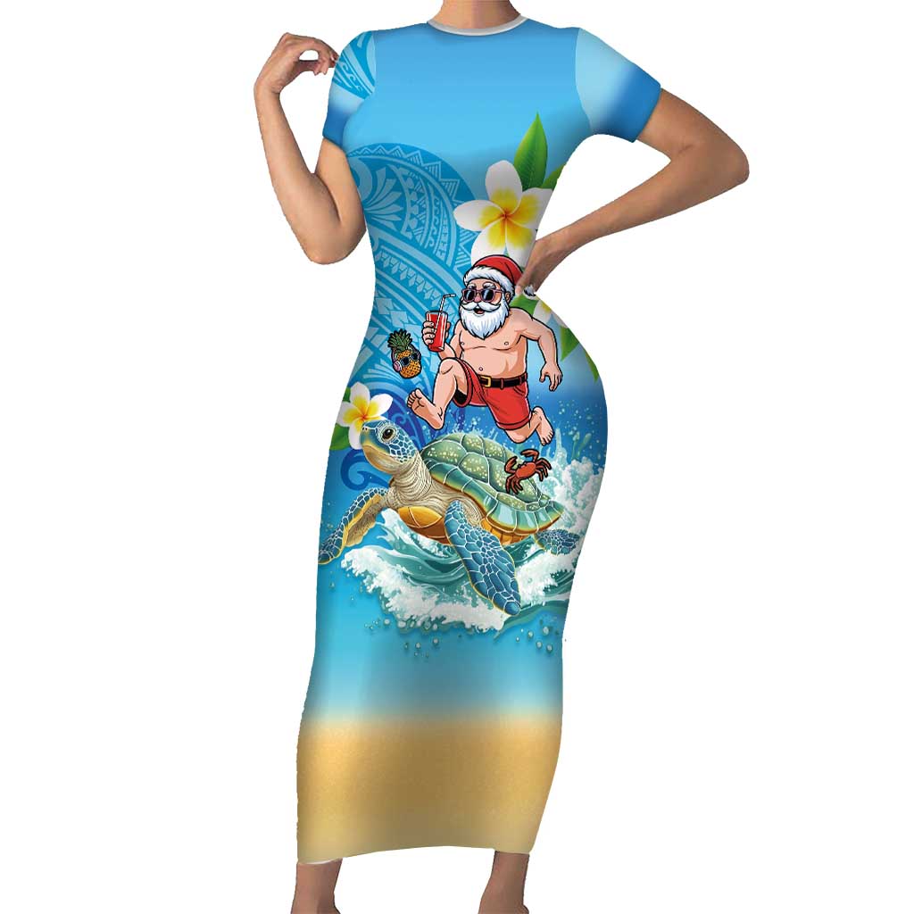 Polynesian Merry Christmas Short Sleeve Bodycon Dress Funny Santa with Sea Turtle Beach Plumeria