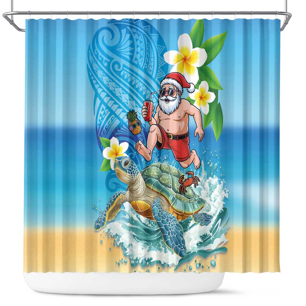Polynesian Merry Christmas Shower Curtain Funny Santa with Sea Turtle Beach Plumeria - Polynesian Pride