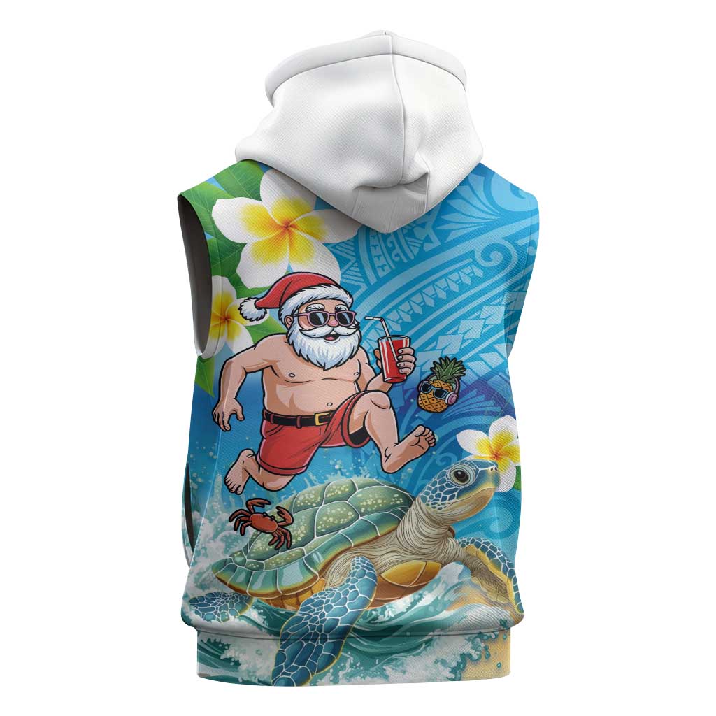 Polynesian Merry Christmas Sleeveless Zip Hoodie Funny Santa with Sea Turtle Beach Plumeria - Polynesian Pride