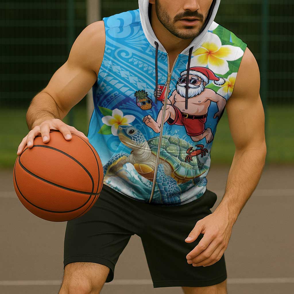 Polynesian Merry Christmas Sleeveless Zip Hoodie Funny Santa with Sea Turtle Beach Plumeria - Polynesian Pride