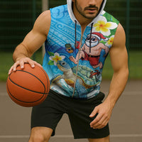 Polynesian Merry Christmas Sleeveless Zip Hoodie Funny Santa with Sea Turtle Beach Plumeria - Polynesian Pride