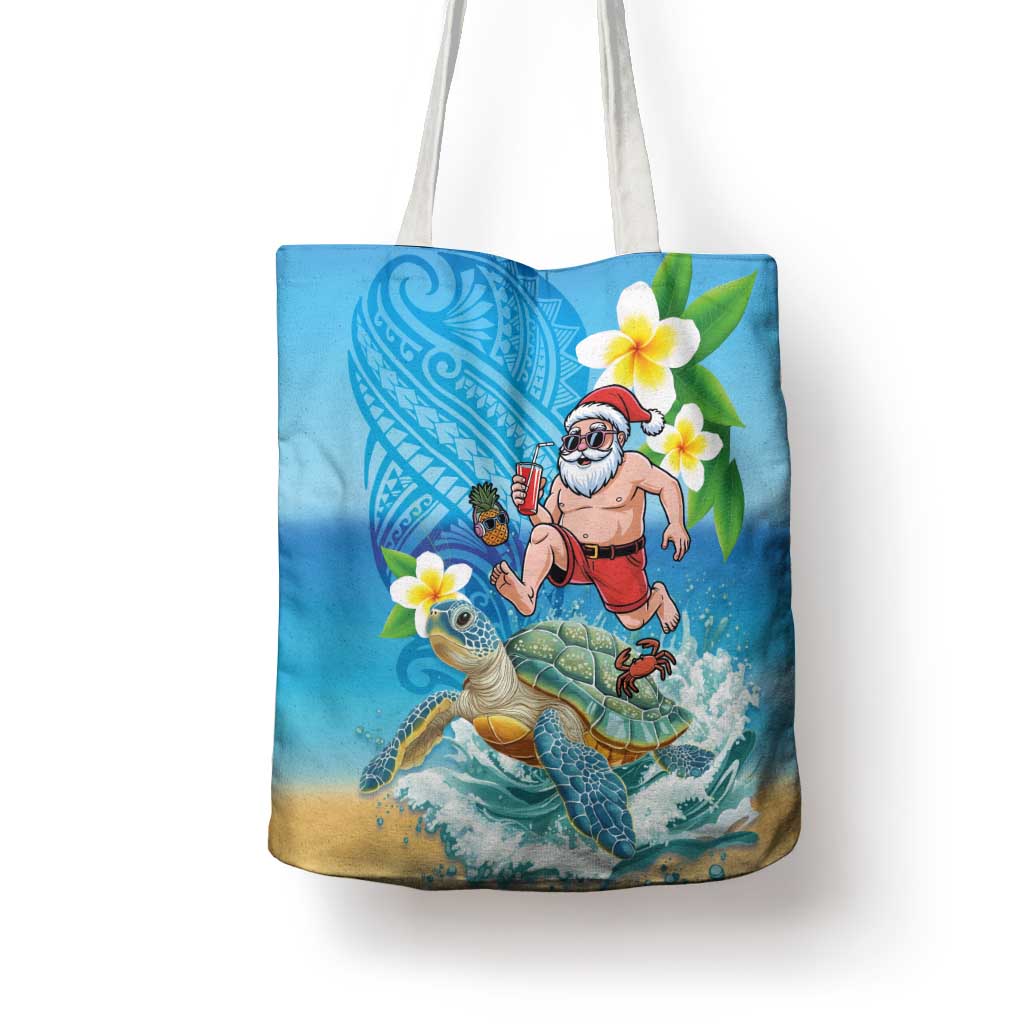 Polynesian Merry Christmas Tote Bag Funny Santa with Sea Turtle Beach Plumeria - Polynesian Pride