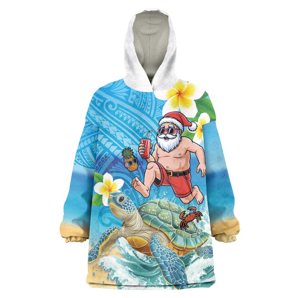 Polynesian Merry Christmas Wearable Blanket Hoodie Funny Santa with Sea Turtle Beach Plumeria - Polynesian Pride