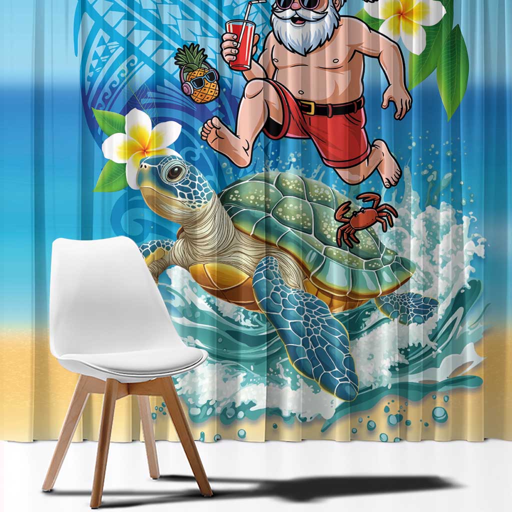 Polynesian Merry Christmas Window Curtain Funny Santa with Sea Turtle Beach Plumeria - Polynesian Pride