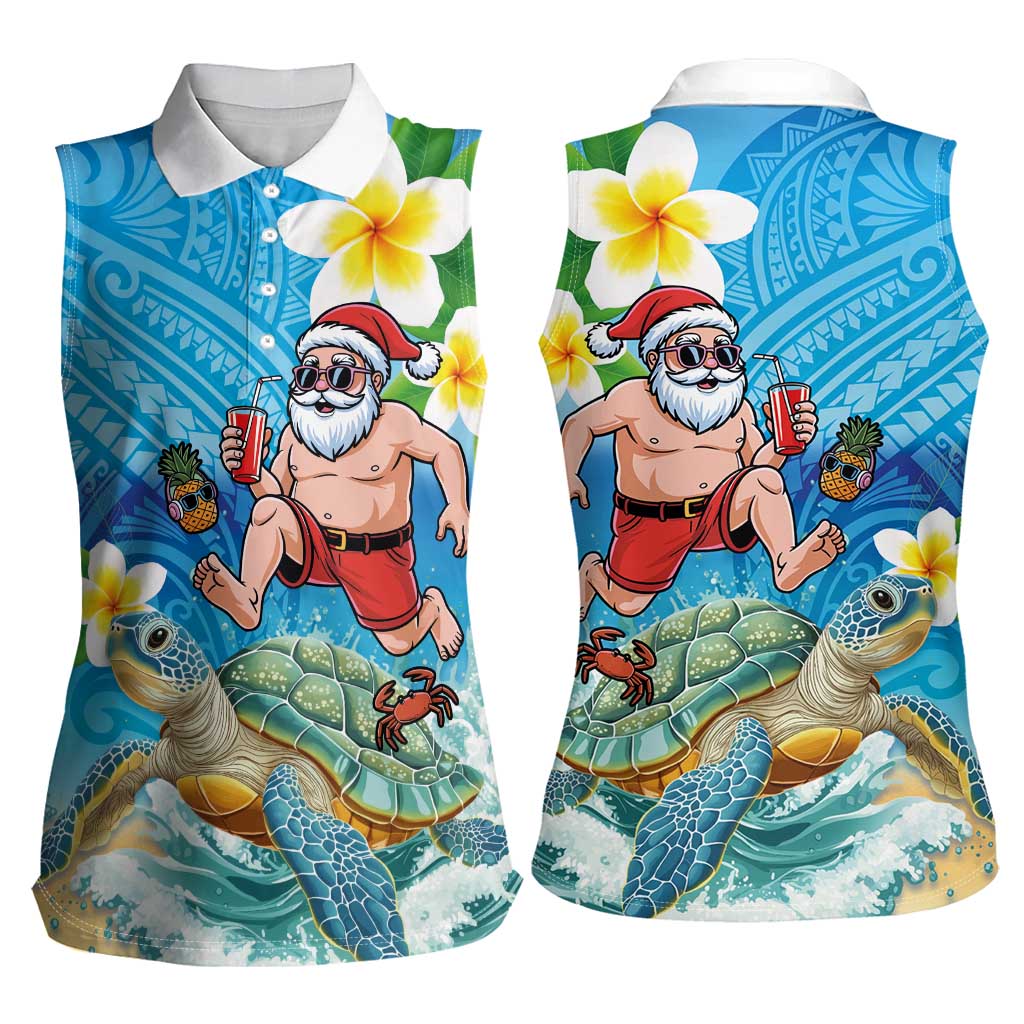Polynesian Merry Christmas Women Sleeveless Polo Shirt Funny Santa with Sea Turtle Beach Plumeria - Polynesian Pride