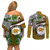 Hawaii James Campbell High School Couples Matching Off Shoulder Short Dress and Long Sleeve Button Shirt Kakau Pattern Gold Color Version LT03 - Polynesian Pride