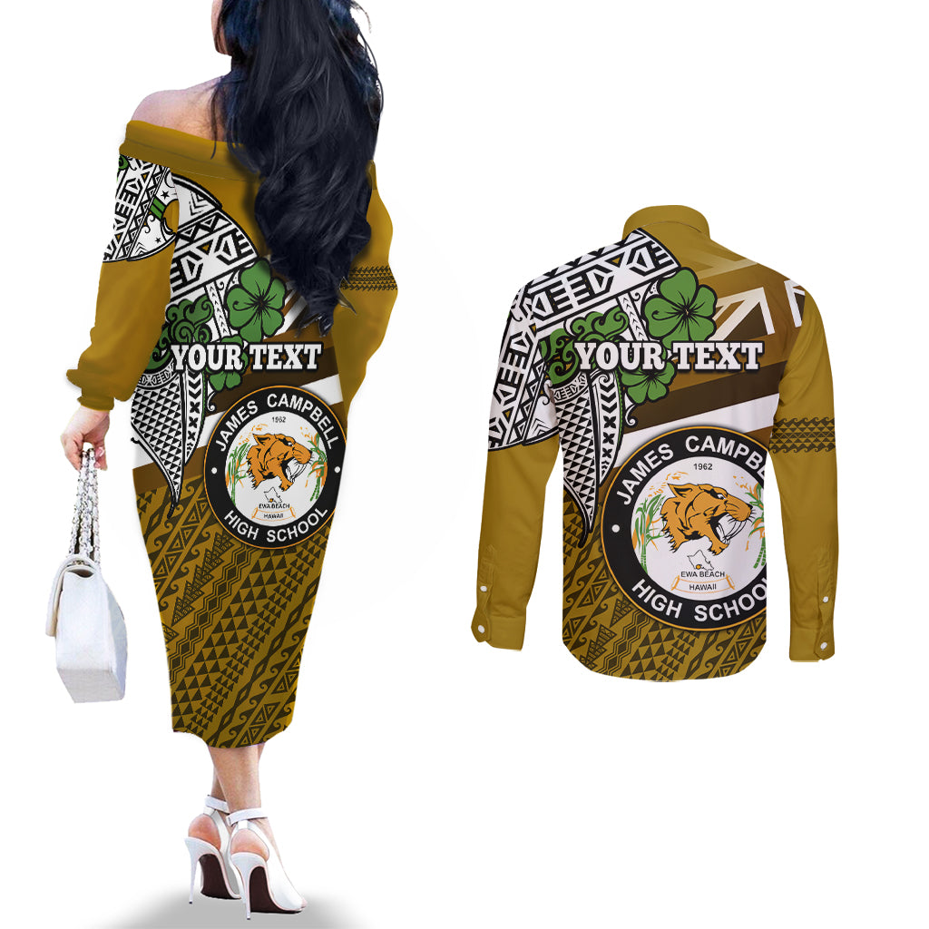 Hawaii James Campbell High School Couples Matching Off The Shoulder Long Sleeve Dress and Long Sleeve Button Shirt Kakau Pattern Gold Color Version LT03 - Polynesian Pride