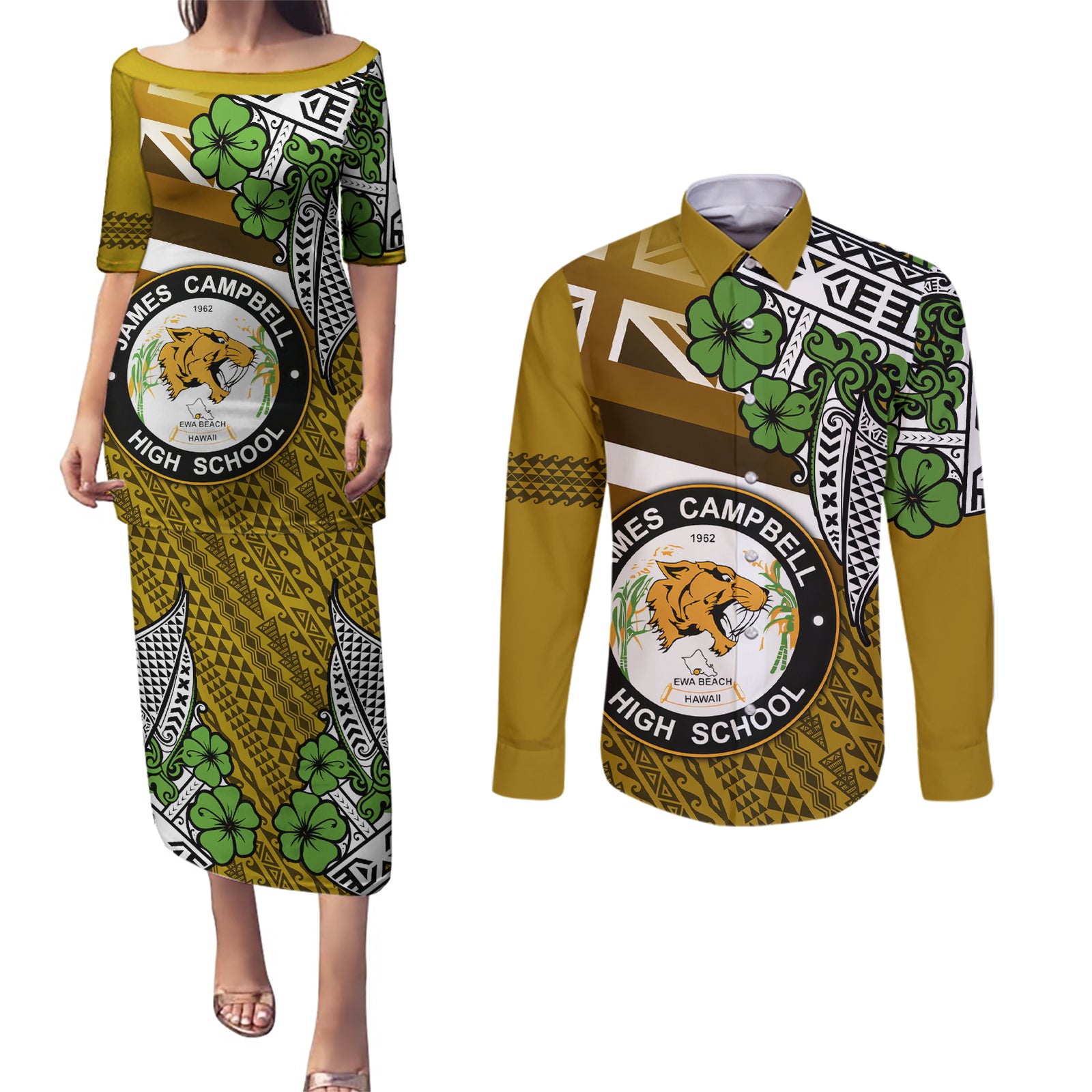 Hawaii James Campbell High School Couples Matching Puletasi Dress and Long Sleeve Button Shirt Kakau Pattern Gold Color Version LT03 Gold - Polynesian Pride