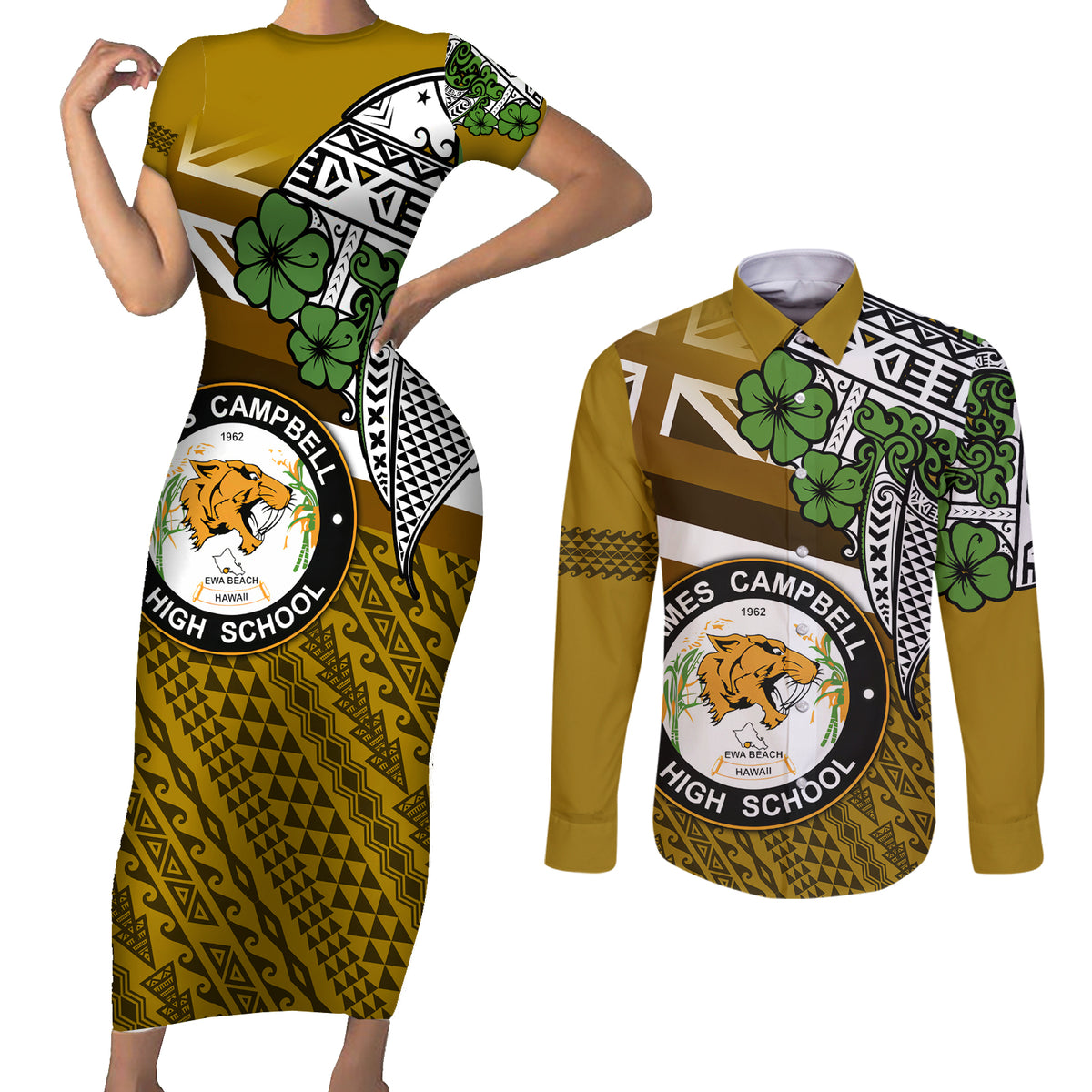 Hawaii James Campbell High School Couples Matching Short Sleeve Bodycon Dress and Long Sleeve Button Shirt Kakau Pattern Gold Color Version LT03 Gold - Polynesian Pride