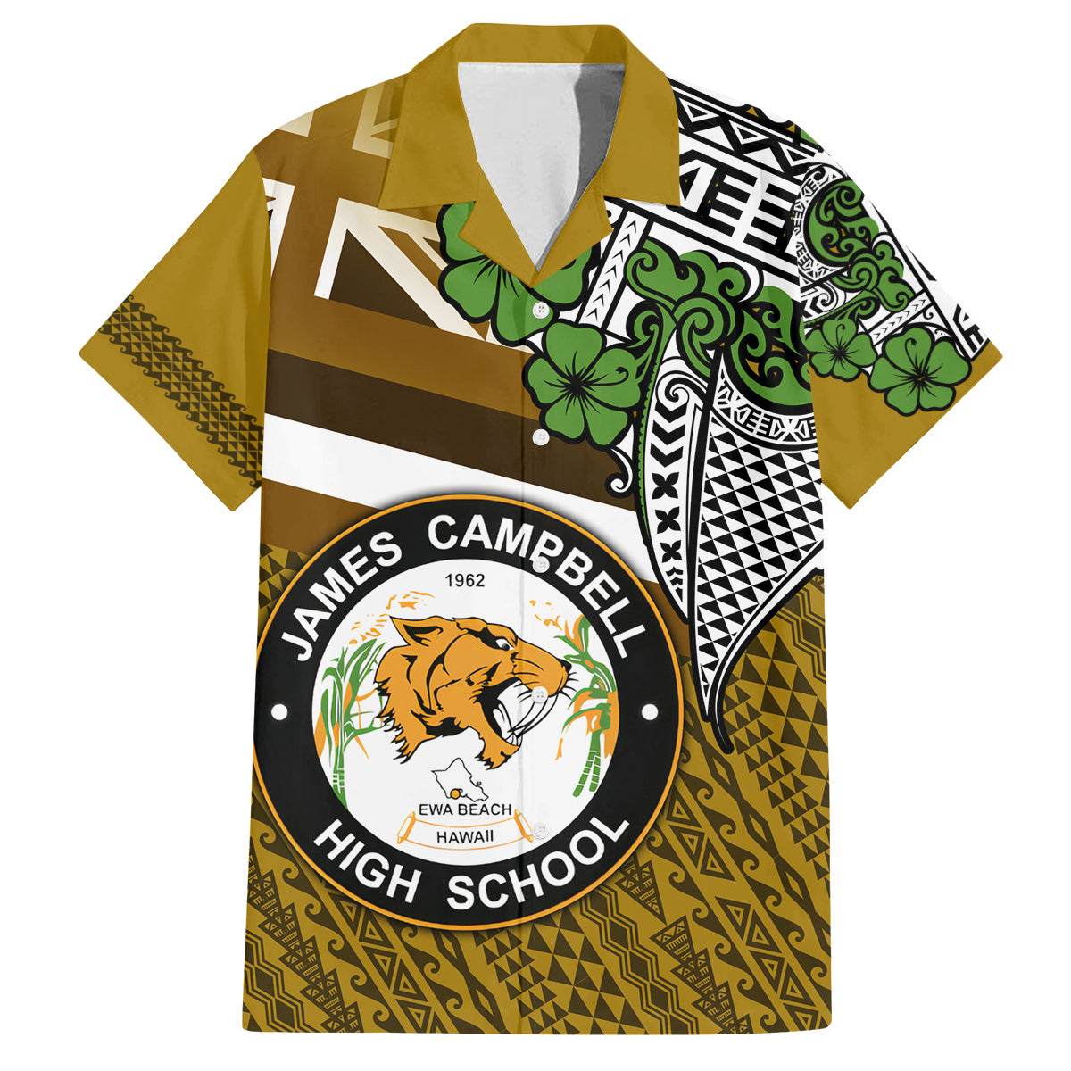 Hawaii James Campbell High School Family Matching Tank Maxi Dress and Hawaiian Shirt Kakau Pattern Gold Color Version LT03 Dad's Shirt - Short Sleeve Gold - Polynesian Pride