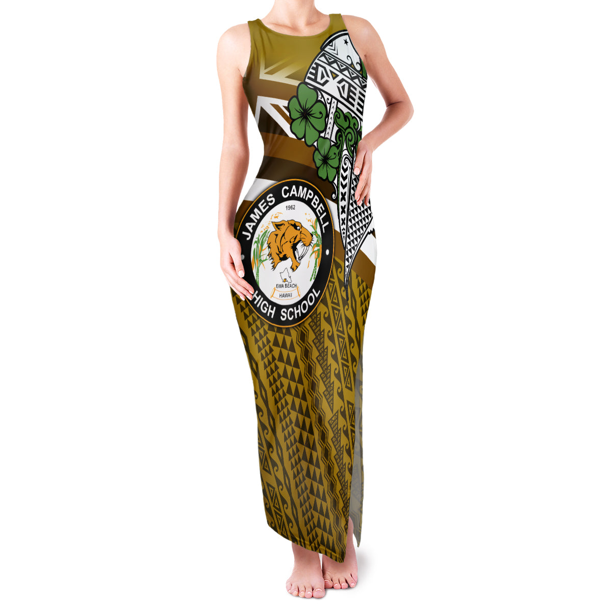 Hawaii James Campbell High School Family Matching Tank Maxi Dress and Hawaiian Shirt Kakau Pattern Gold Color Version LT03 Mom's Dress Gold - Polynesian Pride