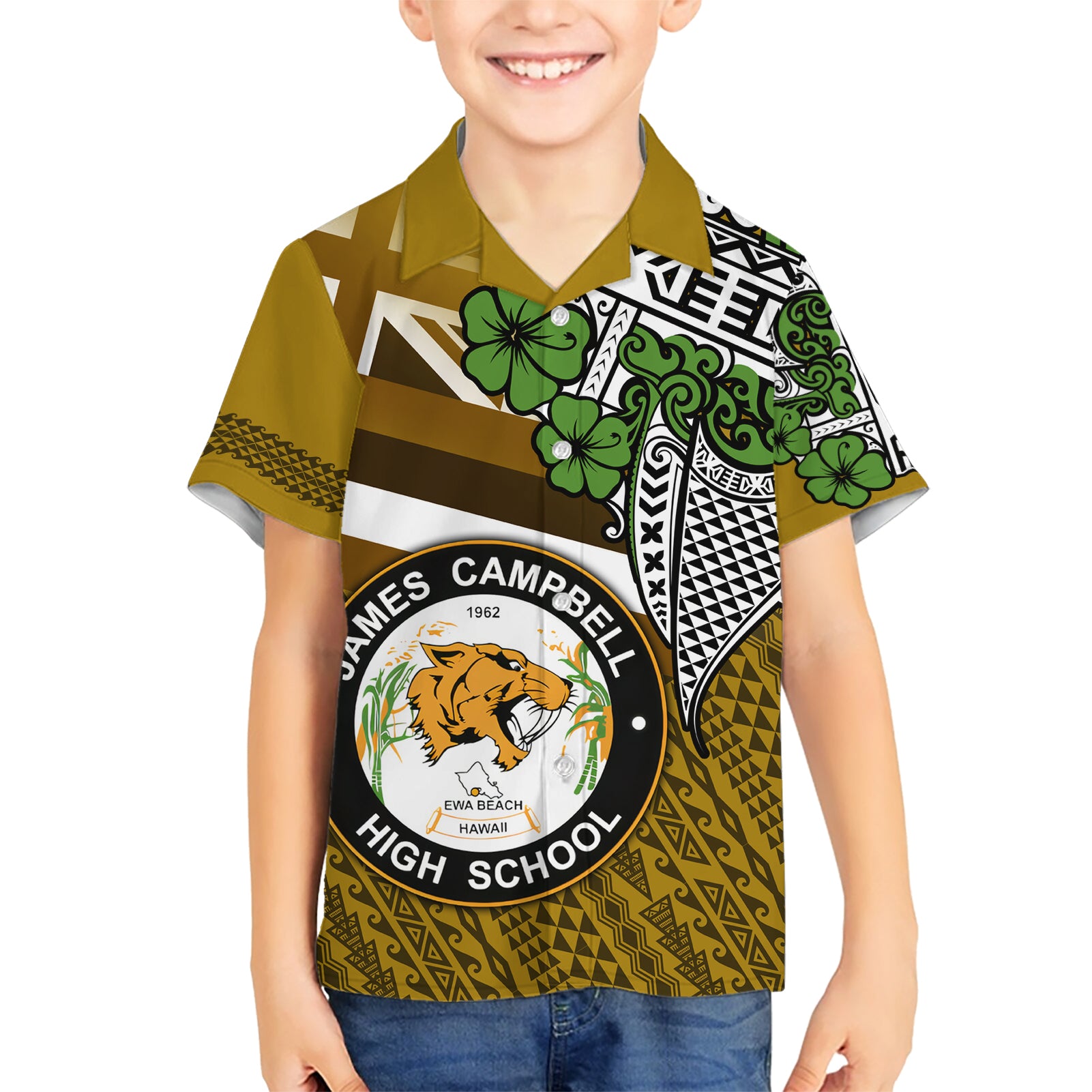 Hawaii James Campbell High School Kid Hawaiian Shirt Kakau Pattern Gold Color Version LT03 Kid Gold - Polynesian Pride