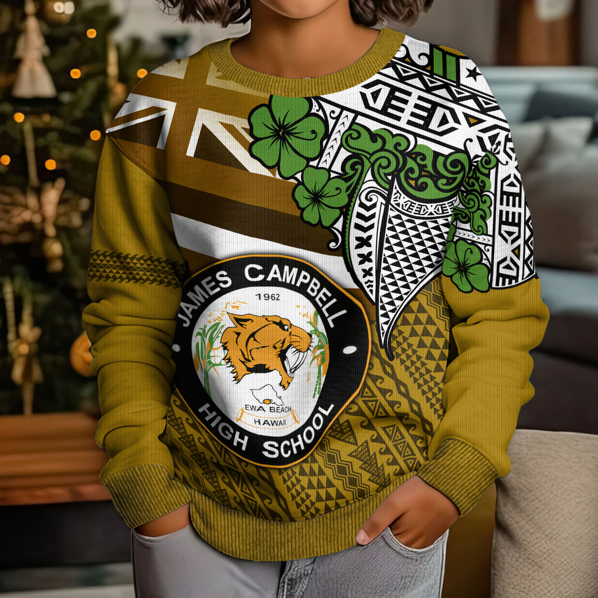Hawaii James Campbell High School Kid Ugly Christmas Sweater Kakau Pattern Gold Color Version LT03 - Polynesian Pride