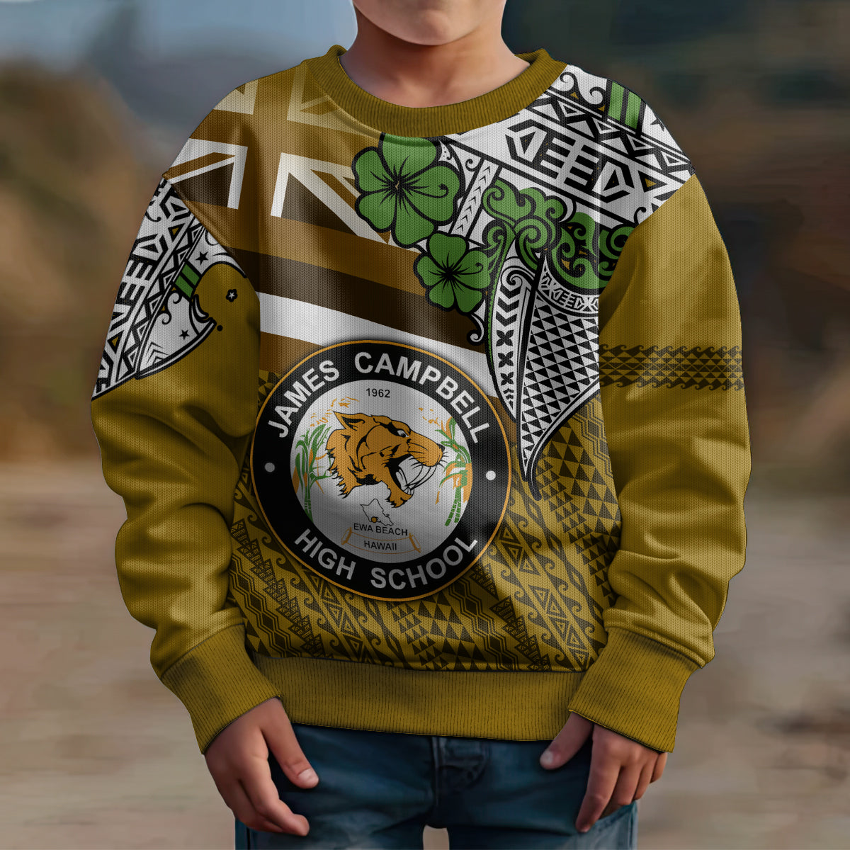 Hawaii James Campbell High School Kid Ugly Christmas Sweater Kakau Pattern Gold Color Version LT03 - Polynesian Pride