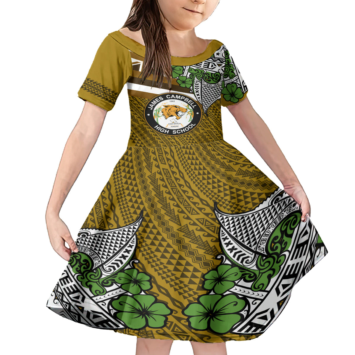 Hawaii James Campbell High School Kid Short Sleeve Dress Kakau Pattern Gold Color Version LT03 KID Gold - Polynesian Pride