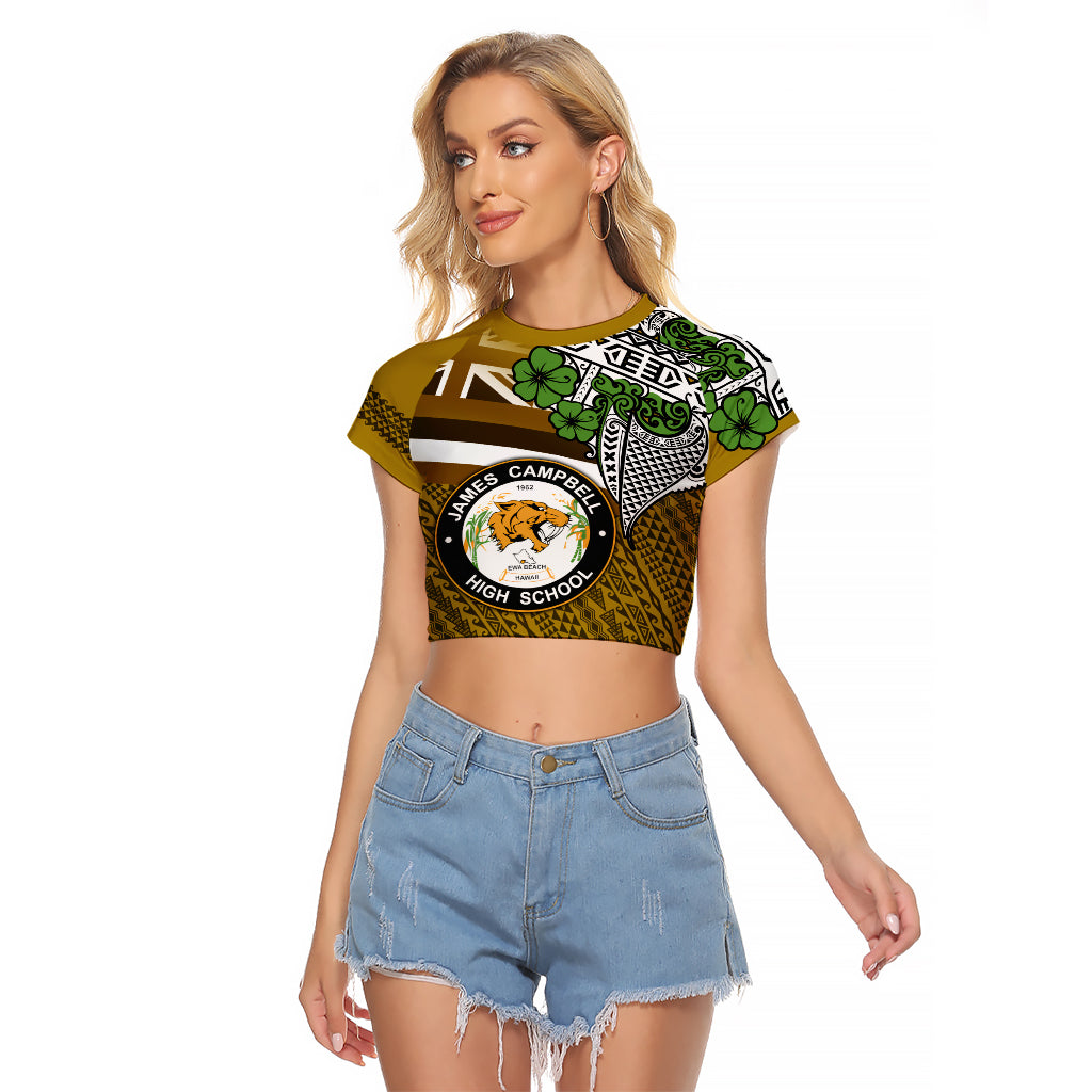Hawaii James Campbell High School Raglan Cropped T Shirt Kakau Pattern Gold Color Version LT03 Female Gold - Polynesian Pride