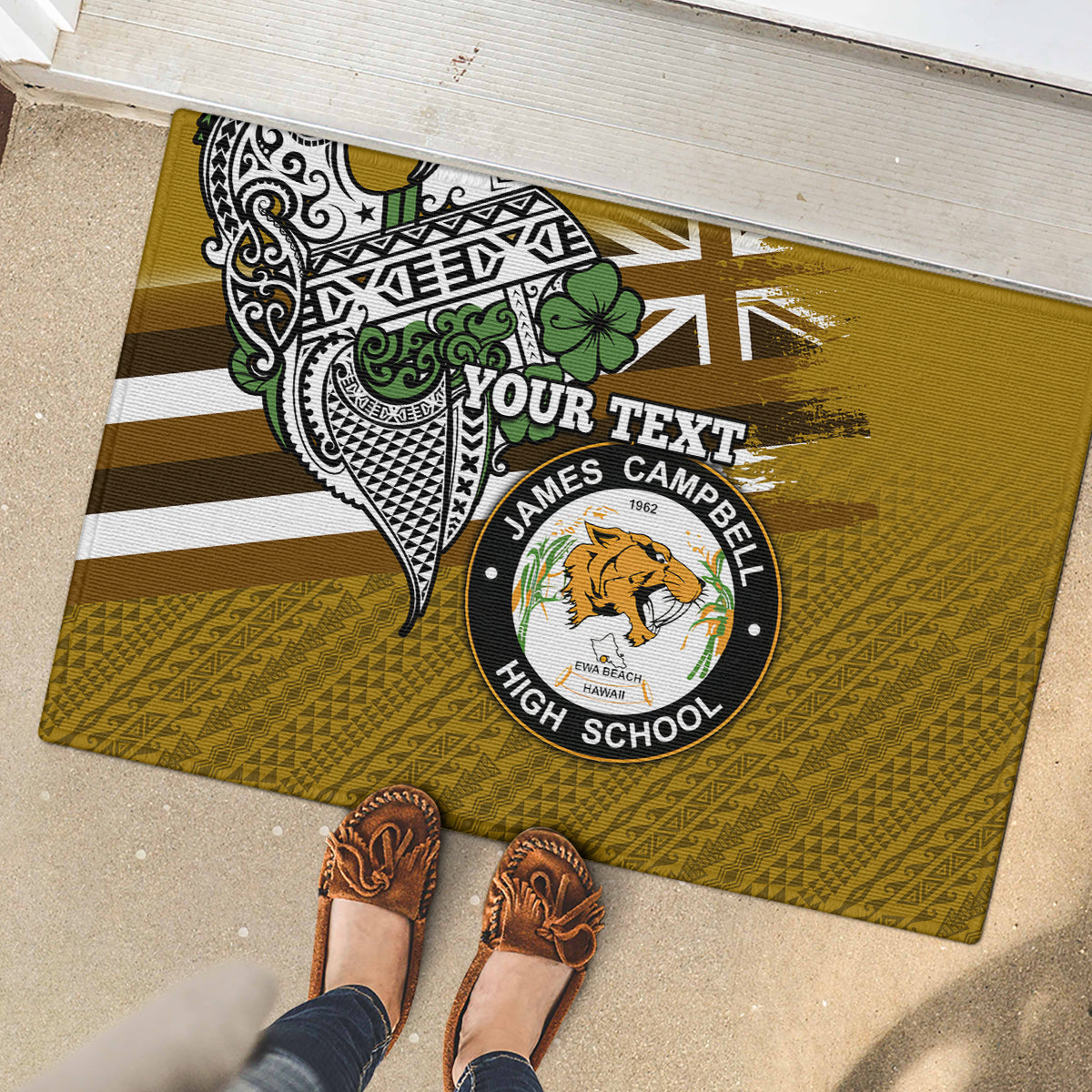 Hawaii James Campbell High School Rubber Doormat Kakau Pattern Gold Color Version LT03 - Polynesian Pride