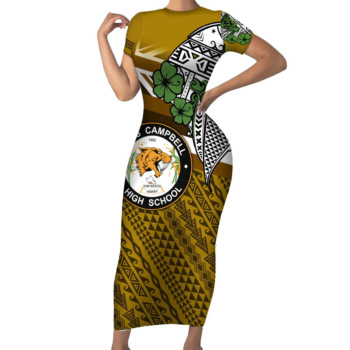 Hawaii James Campbell High School Short Sleeve Bodycon Dress Kakau Pattern Gold Color Version LT03 Long Dress Gold - Polynesian Pride