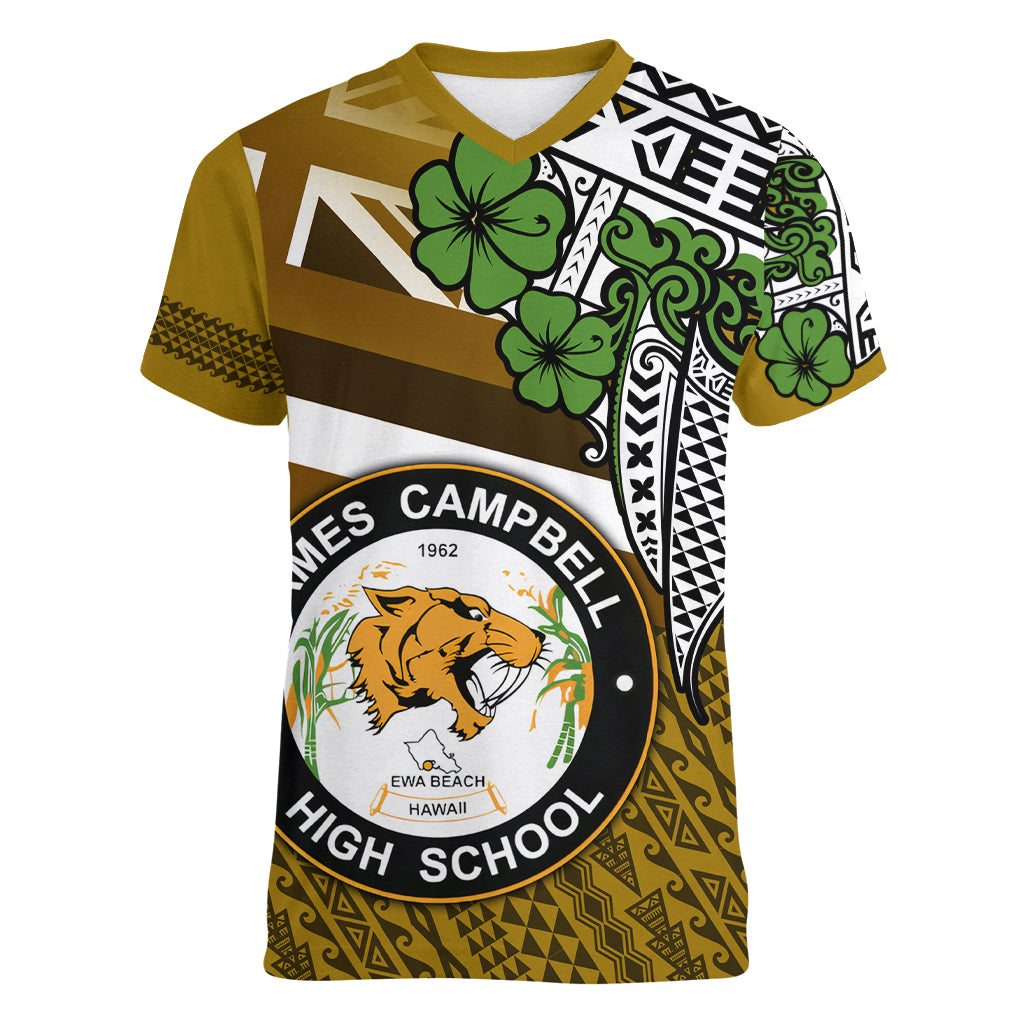 Hawaii James Campbell High School Women V Neck T Shirt Kakau Pattern Gold Color Version LT03 Female Gold - Polynesian Pride