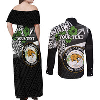 Hawaii James Campbell High School Couples Matching Off Shoulder Maxi Dress and Long Sleeve Button Shirt Kakau Pattern Black Version LT03 - Polynesian Pride