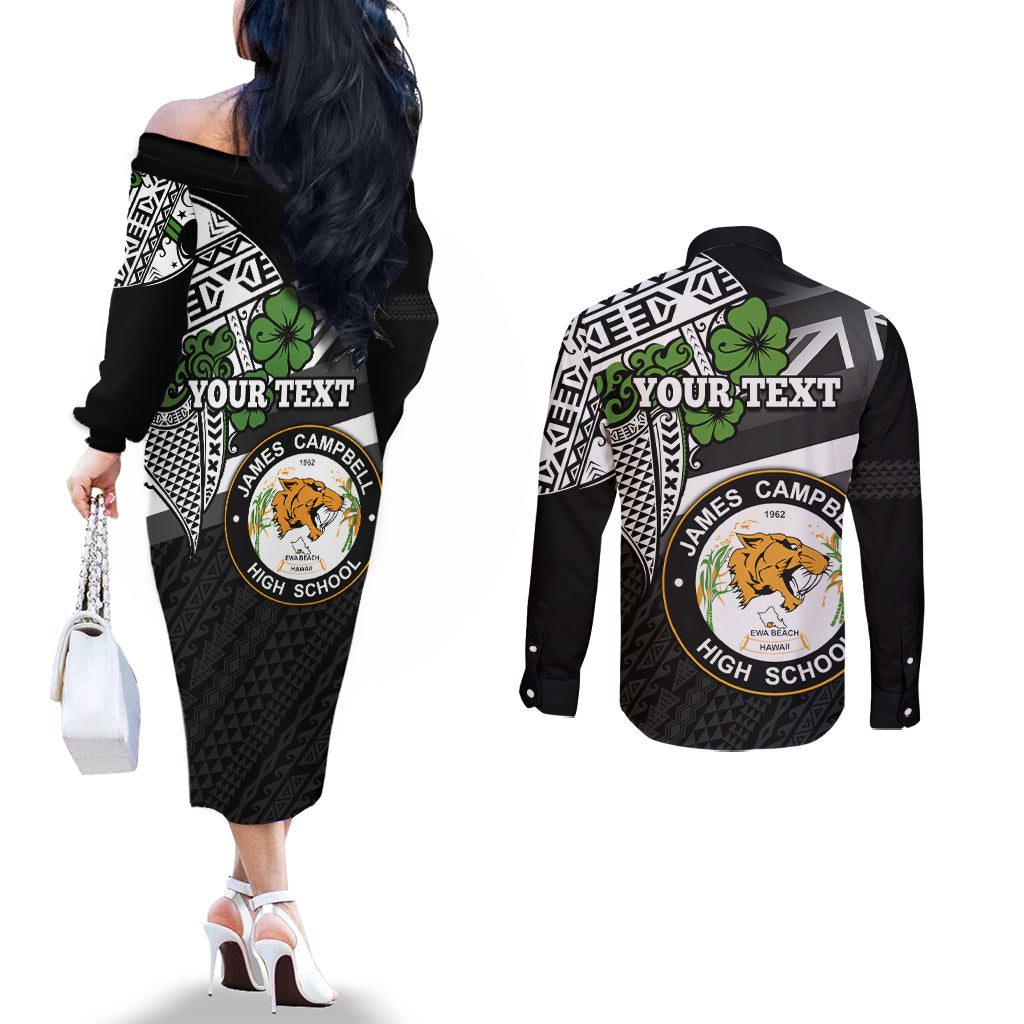 Hawaii James Campbell High School Couples Matching Off The Shoulder Long Sleeve Dress and Long Sleeve Button Shirt Kakau Pattern Black Version LT03 - Polynesian Pride