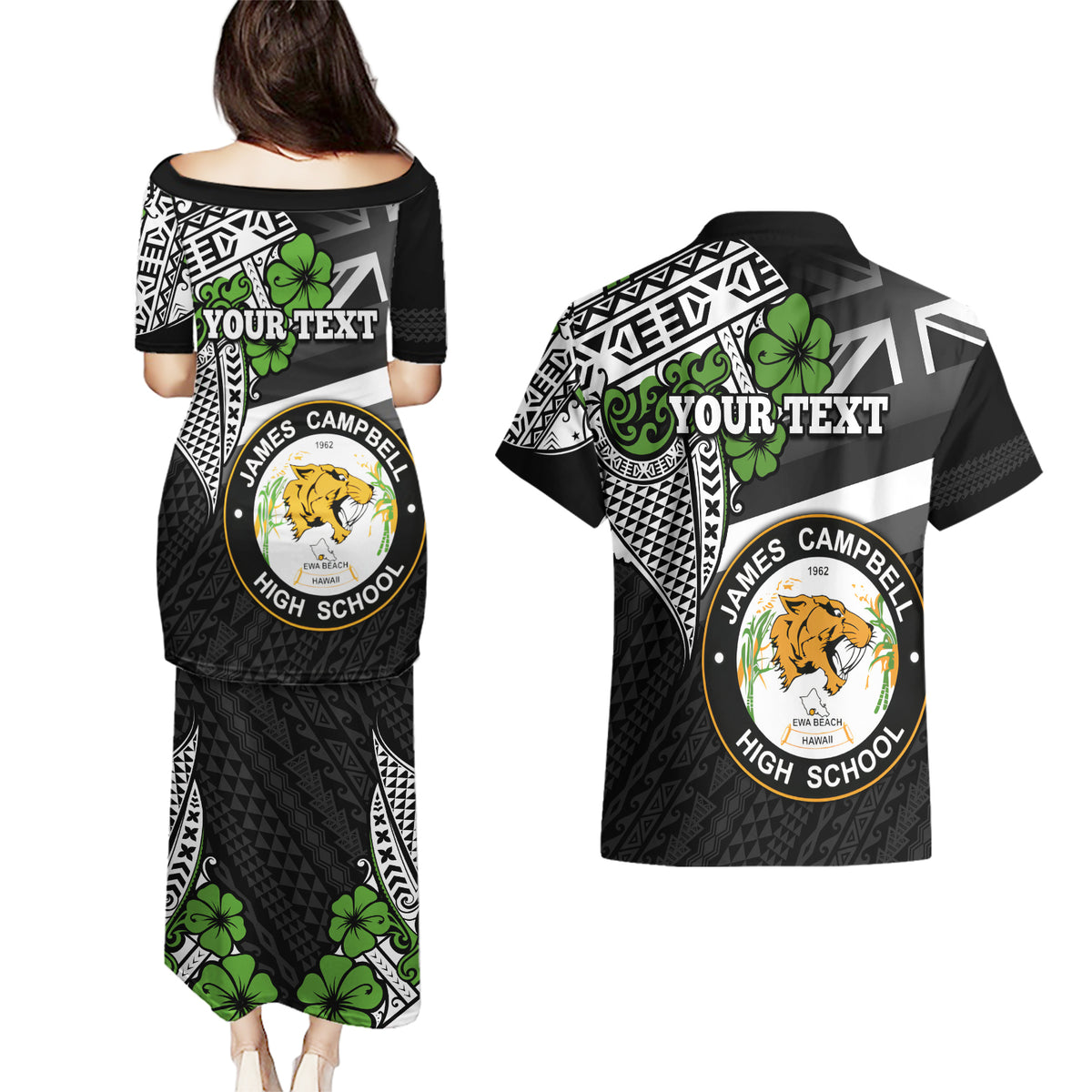 Hawaii James Campbell High School Couples Matching Puletasi Dress and Hawaiian Shirt Kakau Pattern Black Version LT03 - Polynesian Pride