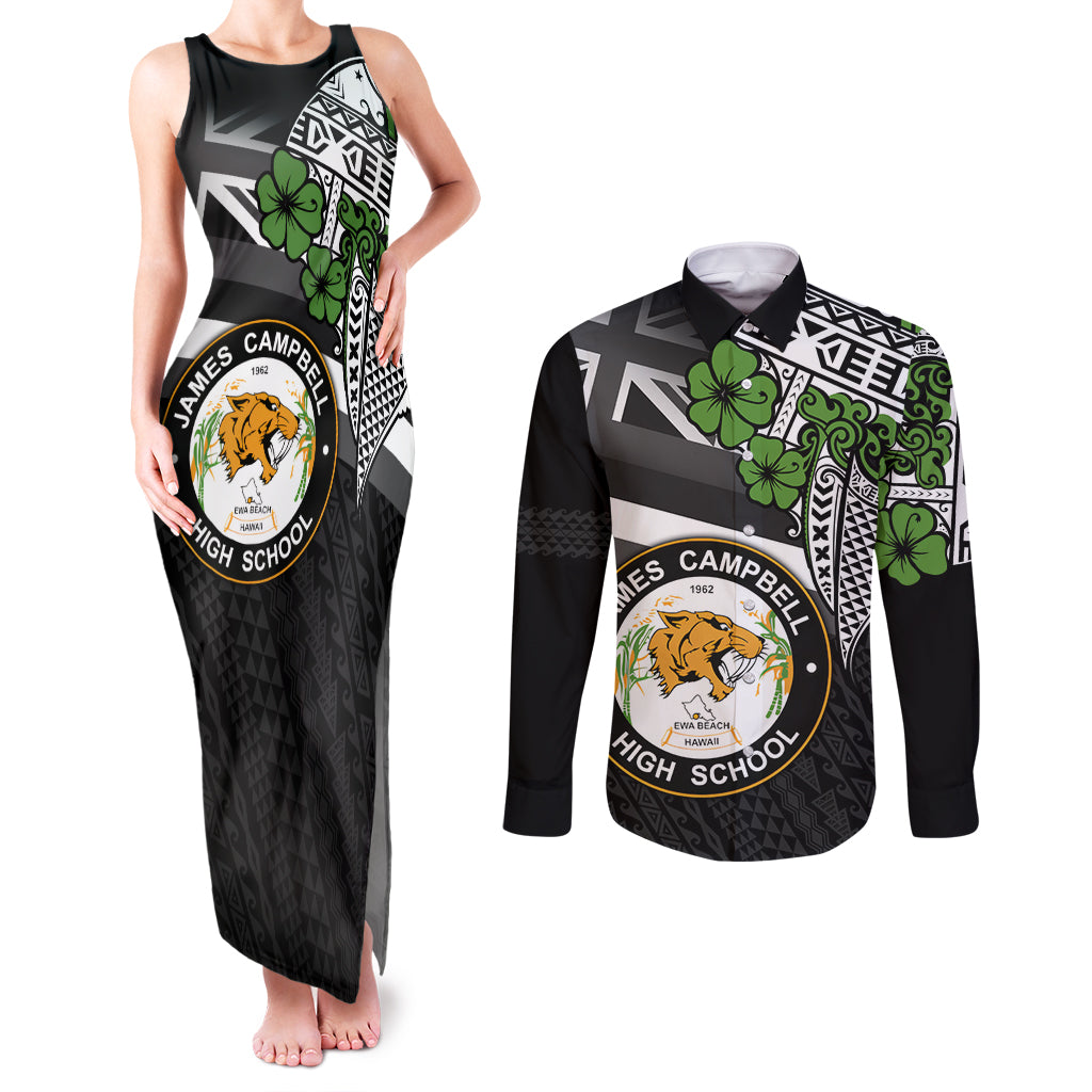 Hawaii James Campbell High School Couples Matching Tank Maxi Dress and Long Sleeve Button Shirt Kakau Pattern Black Version LT03 Black - Polynesian Pride