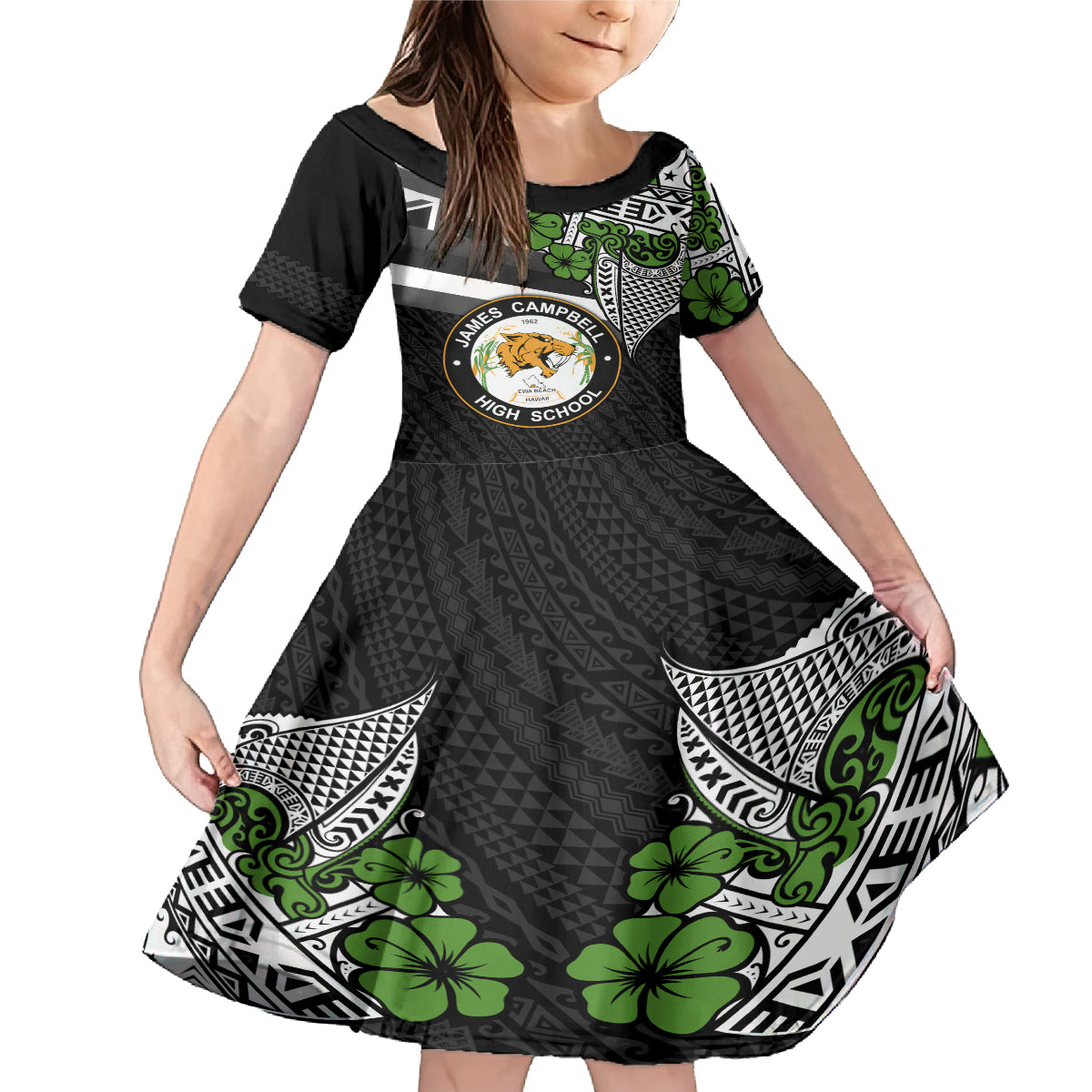 Hawaii James Campbell High School Family Matching Mermaid Dress and Hawaiian Shirt Kakau Pattern Black Version LT03 Daughter's Dress Black - Polynesian Pride