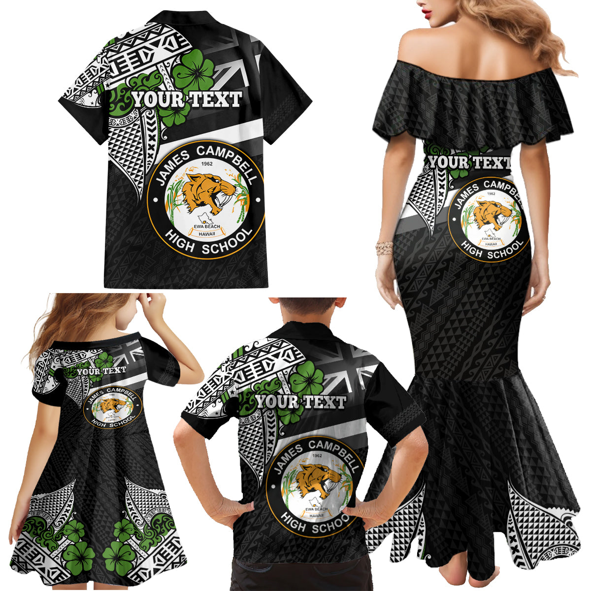 Hawaii James Campbell High School Family Matching Mermaid Dress and Hawaiian Shirt Kakau Pattern Black Version LT03 - Polynesian Pride