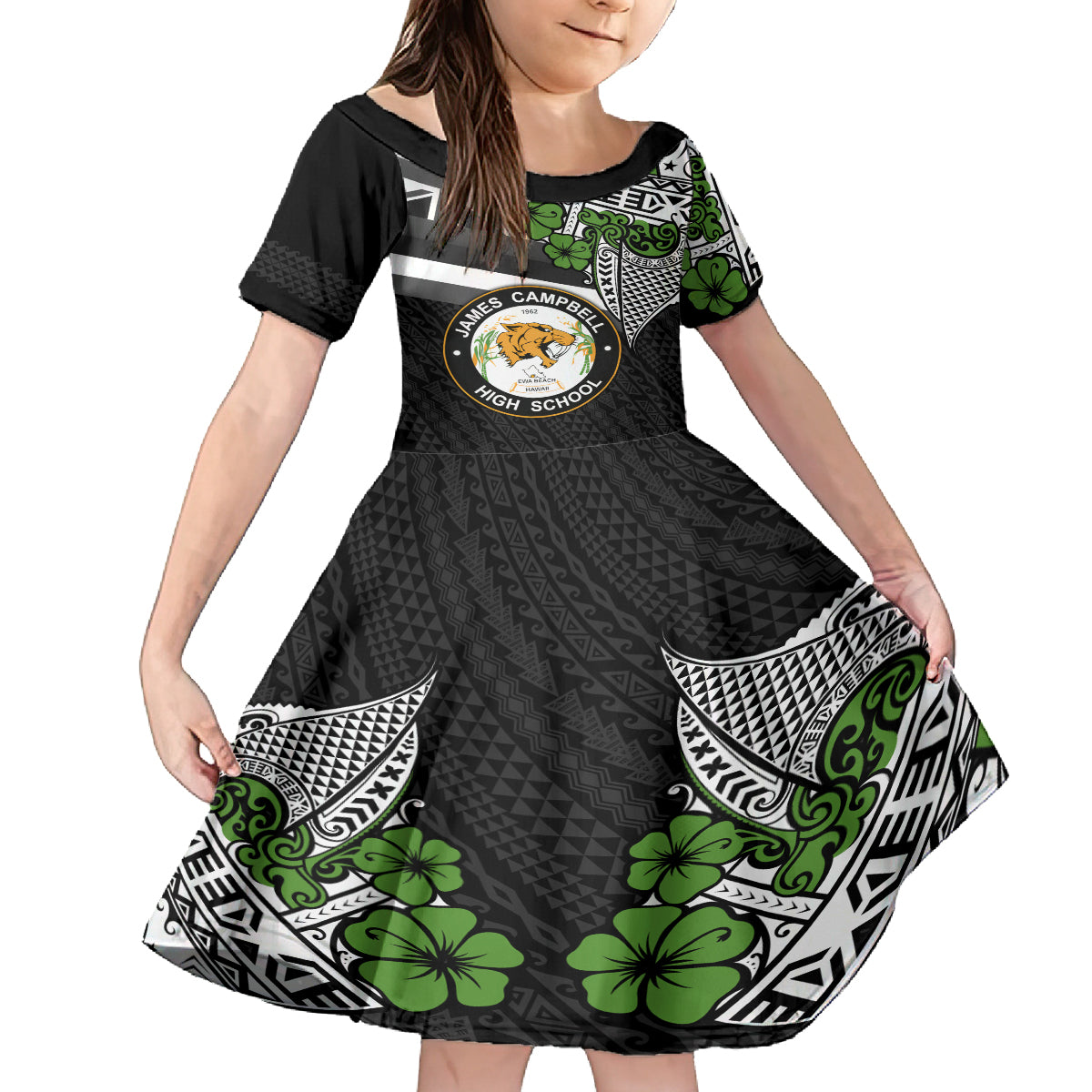 Hawaii James Campbell High School Family Matching Off Shoulder Short Dress and Hawaiian Shirt Kakau Pattern Black Version LT03 Daughter's Dress Black - Polynesian Pride