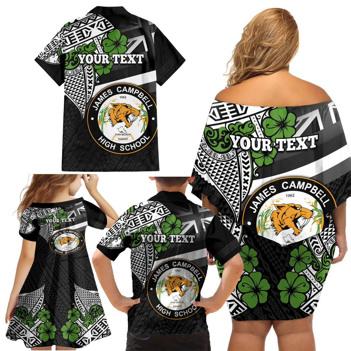 Hawaii James Campbell High School Family Matching Off Shoulder Short Dress and Hawaiian Shirt Kakau Pattern Black Version LT03 - Polynesian Pride