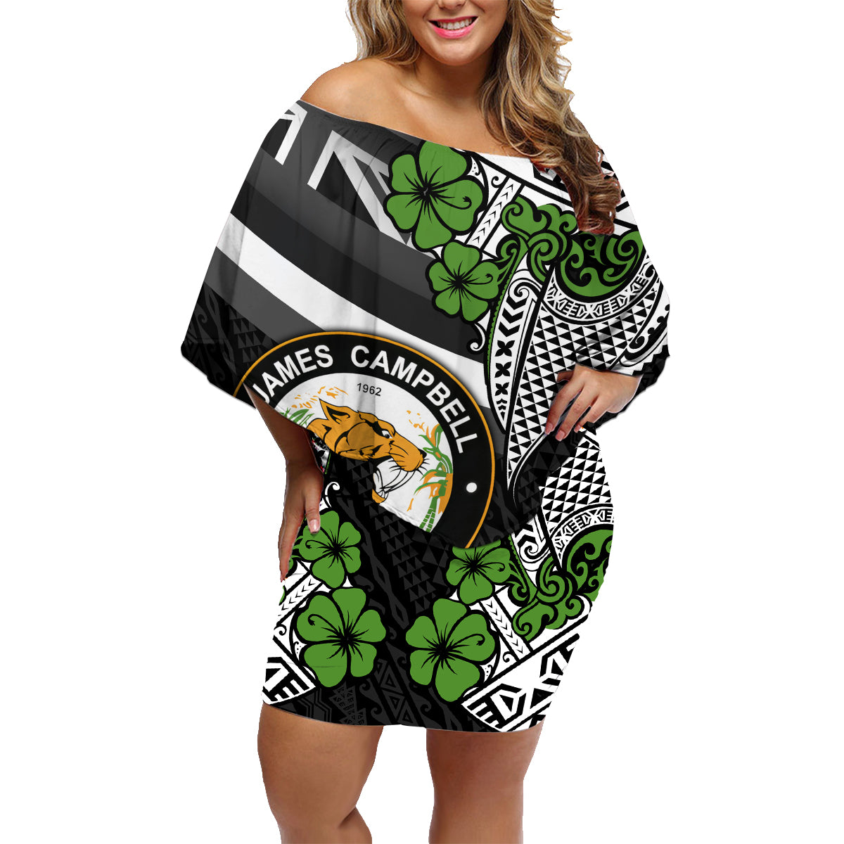 Hawaii James Campbell High School Family Matching Off Shoulder Short Dress and Hawaiian Shirt Kakau Pattern Black Version LT03 Mom's Dress Black - Polynesian Pride