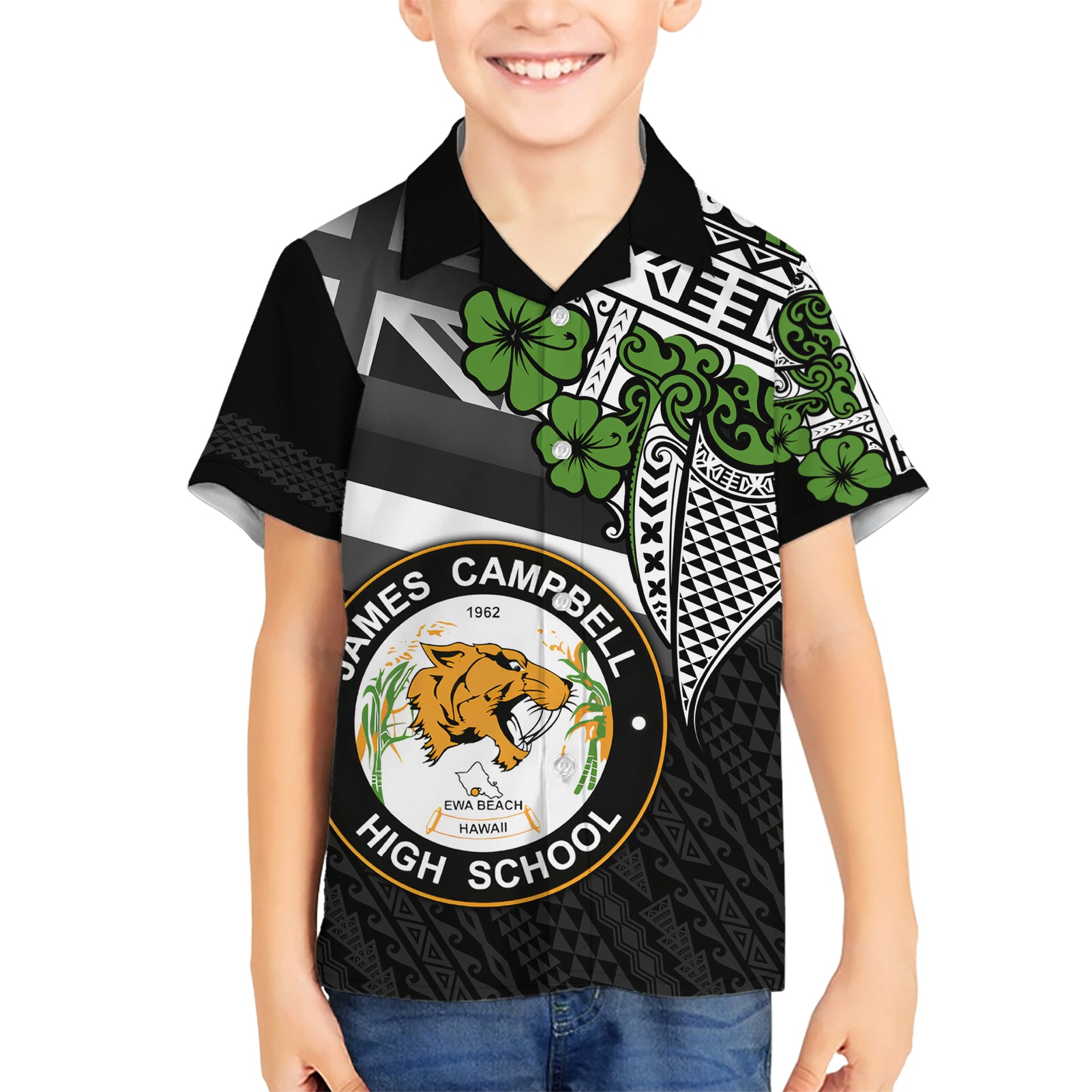 Hawaii James Campbell High School Kid Hawaiian Shirt Kakau Pattern Black Version LT03 Kid Black - Polynesian Pride