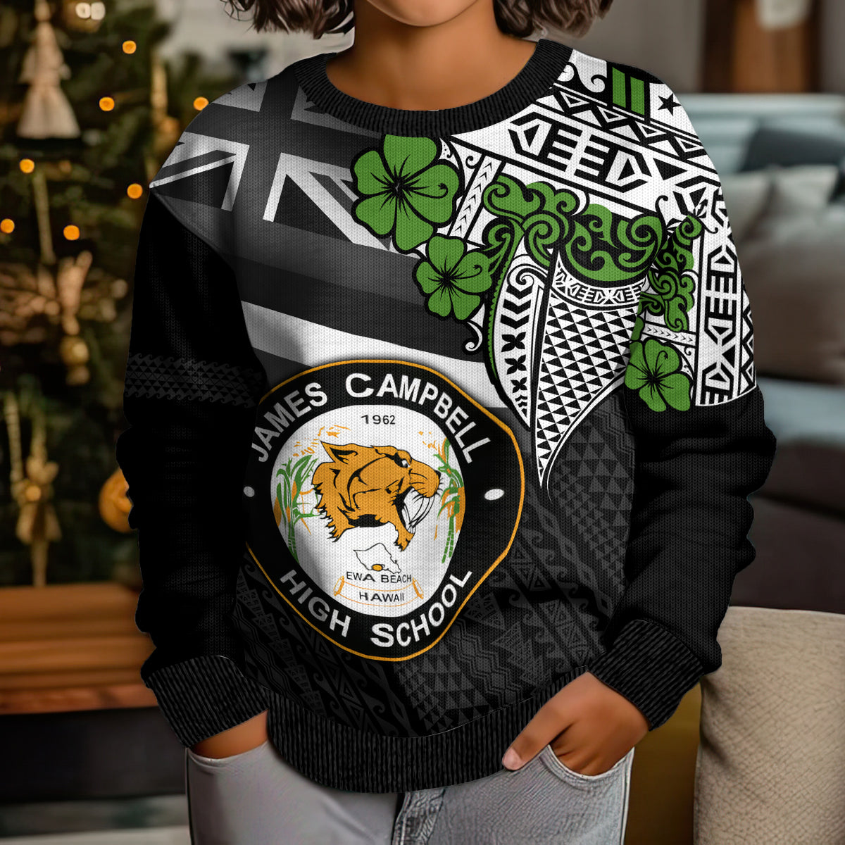 Hawaii James Campbell High School Kid Ugly Christmas Sweater Kakau Pattern Black Version LT03 - Polynesian Pride