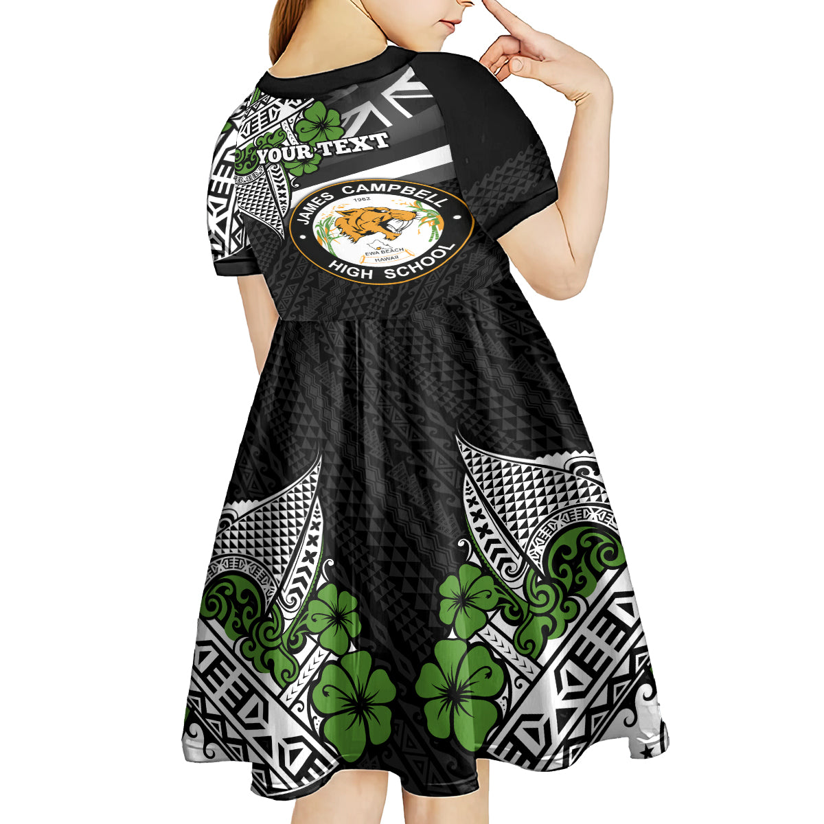 Hawaii James Campbell High School Kid Short Sleeve Dress Kakau Pattern Black Version LT03 - Polynesian Pride