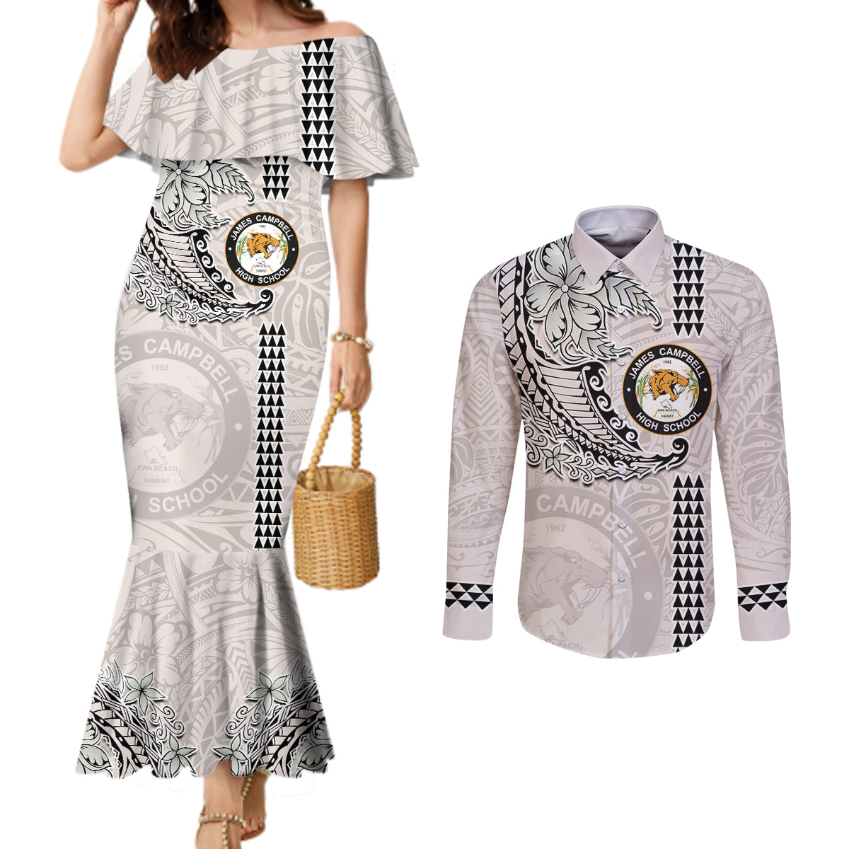 Custom Hawaii James Campbell High School Couples Matching Mermaid Dress and Long Sleeve Button Shirt Tribal Kakau Pattern LT03 White - Polynesian Pride