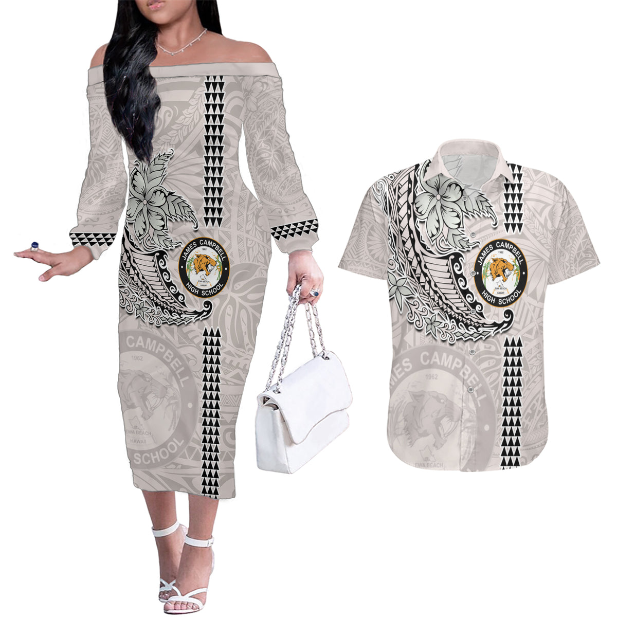 Custom Hawaii James Campbell High School Couples Matching Off The Shoulder Long Sleeve Dress and Hawaiian Shirt Tribal Kakau Pattern LT03 White - Polynesian Pride