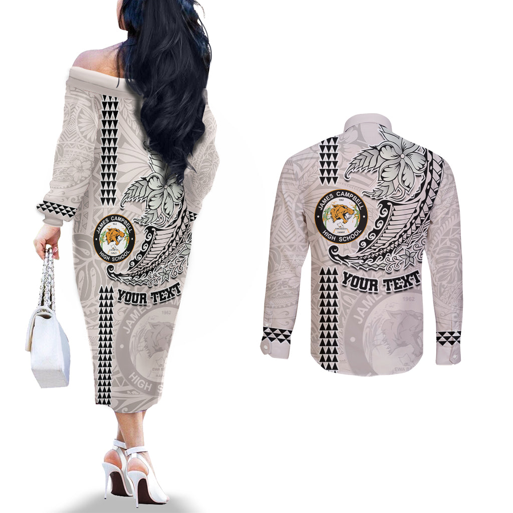 Custom Hawaii James Campbell High School Couples Matching Off The Shoulder Long Sleeve Dress and Long Sleeve Button Shirt Tribal Kakau Pattern LT03 - Polynesian Pride