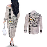 Custom Hawaii James Campbell High School Couples Matching Off The Shoulder Long Sleeve Dress and Long Sleeve Button Shirt Tribal Kakau Pattern LT03 - Polynesian Pride