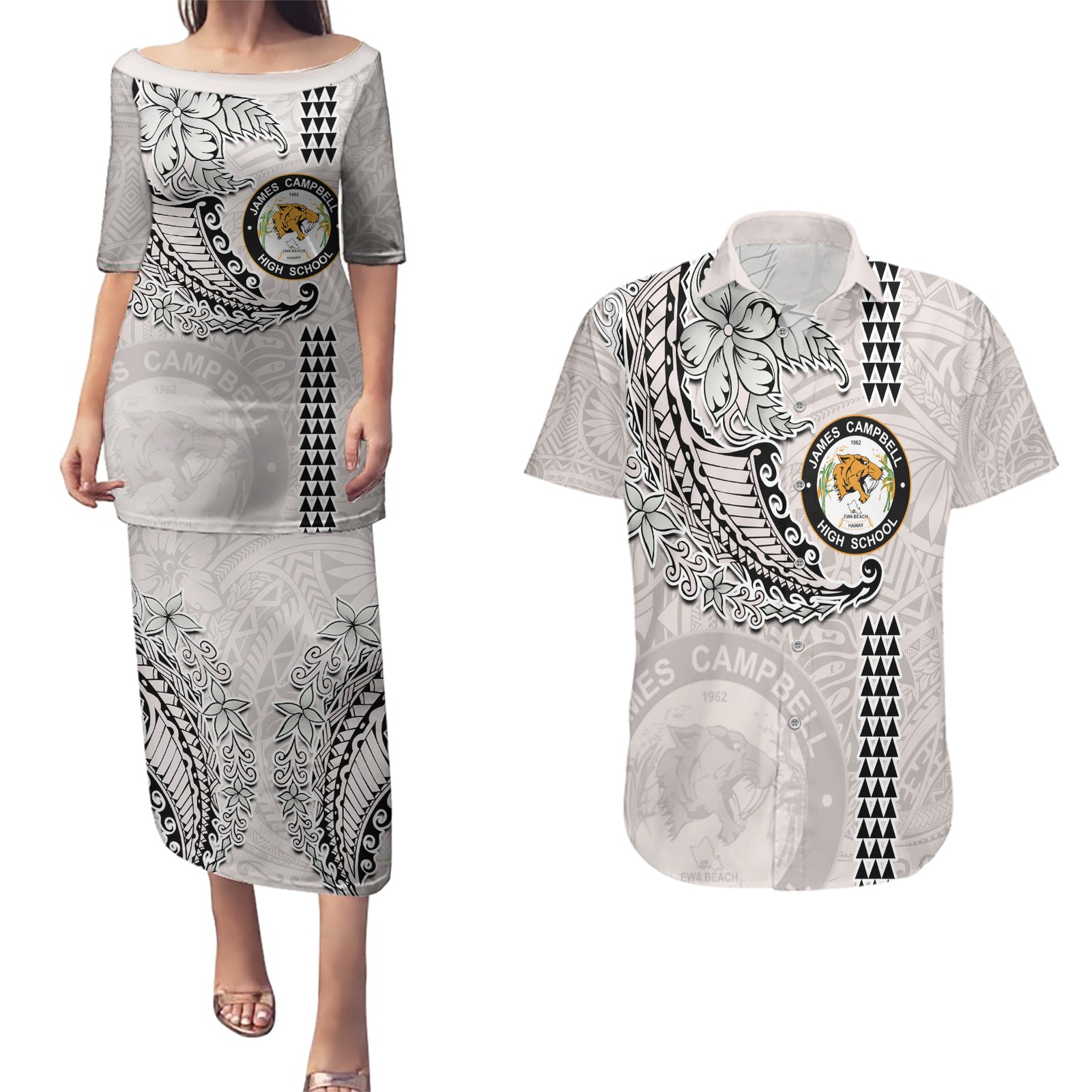 Custom Hawaii James Campbell High School Couples Matching Puletasi Dress and Hawaiian Shirt Tribal Kakau Pattern LT03 White - Polynesian Pride