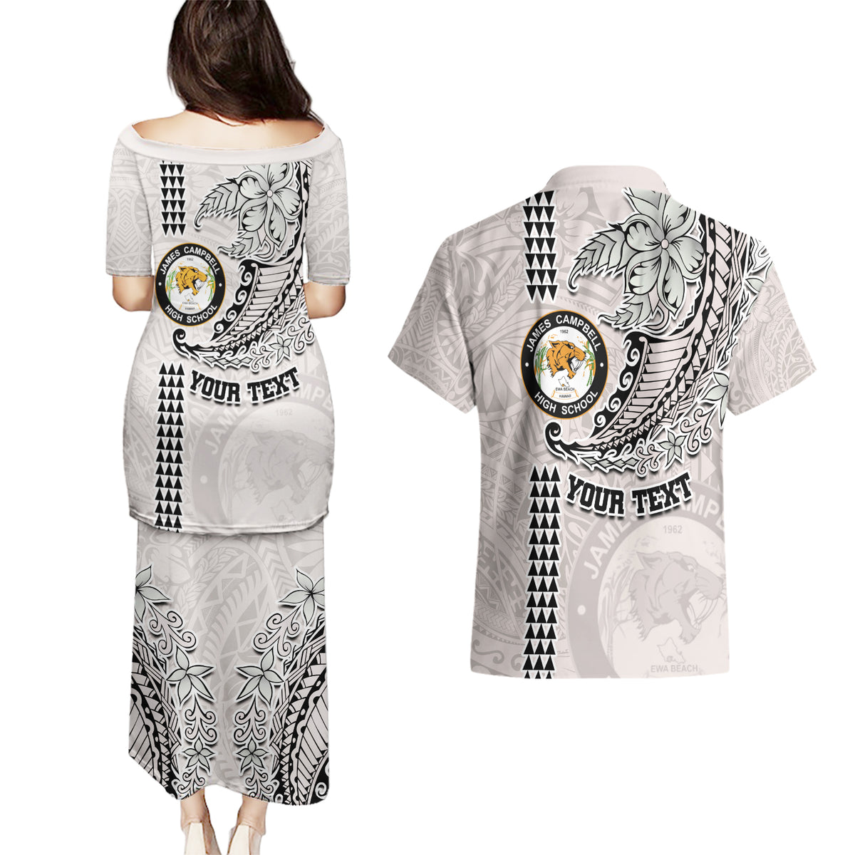 Custom Hawaii James Campbell High School Couples Matching Puletasi Dress and Hawaiian Shirt Tribal Kakau Pattern LT03 - Polynesian Pride