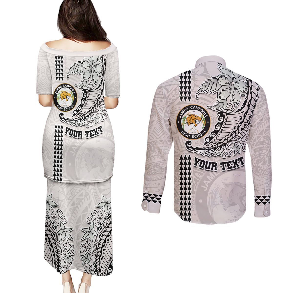 Custom Hawaii James Campbell High School Couples Matching Puletasi Dress and Long Sleeve Button Shirt Tribal Kakau Pattern LT03 - Polynesian Pride