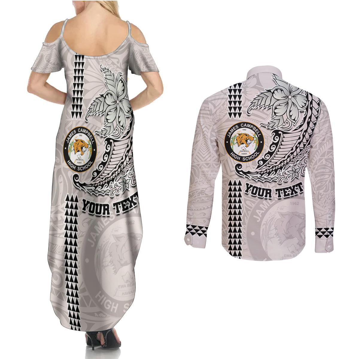 Custom Hawaii James Campbell High School Couples Matching Summer Maxi Dress and Long Sleeve Button Shirt Tribal Kakau Pattern LT03 - Polynesian Pride