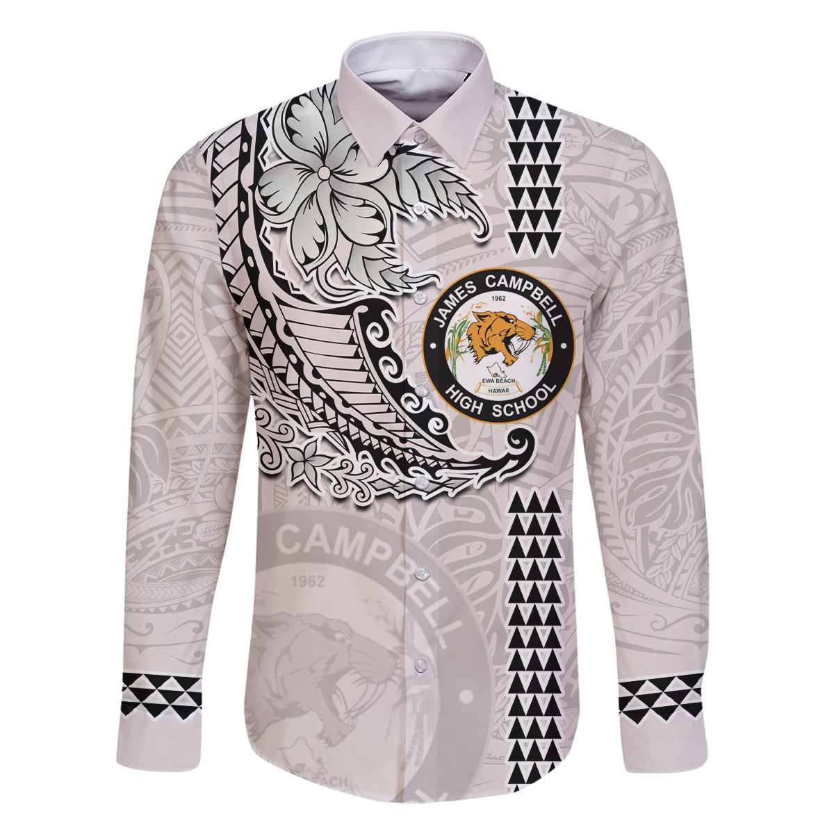 Custom Hawaii James Campbell High School Family Matching Off Shoulder Short Dress and Hawaiian Shirt Tribal Kakau Pattern LT03 Dad's Shirt - Long Sleeve White - Polynesian Pride