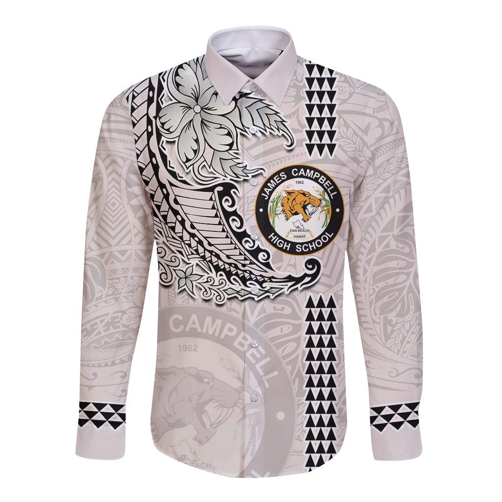 Custom Hawaii James Campbell High School Long Sleeve Button Shirt Tribal Kakau Pattern LT03 Unisex White - Polynesian Pride